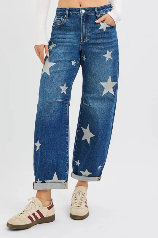 RISEN Mid Rise Ankle Length Relaxed Barrel Star Printed Jeans sold by Charming Charlie