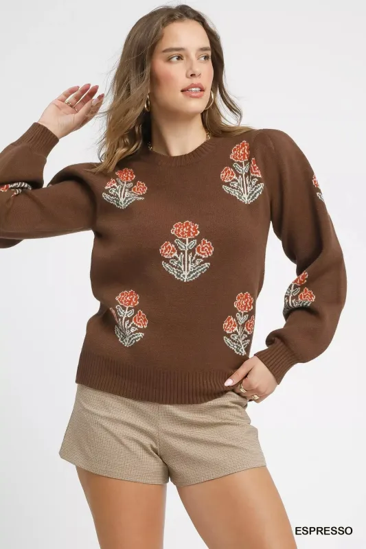 Umgee Floral Knit Sweater with Puff Sleeves sold by Charming Charlie