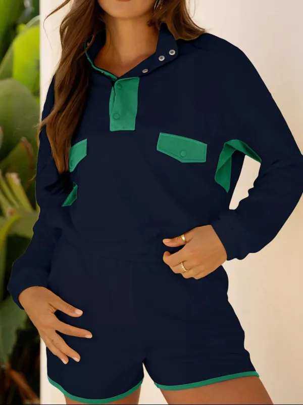 Color Block Patchwork Half Button Pullover and Shorts 2pcs Outfit sold by Charming Charlie