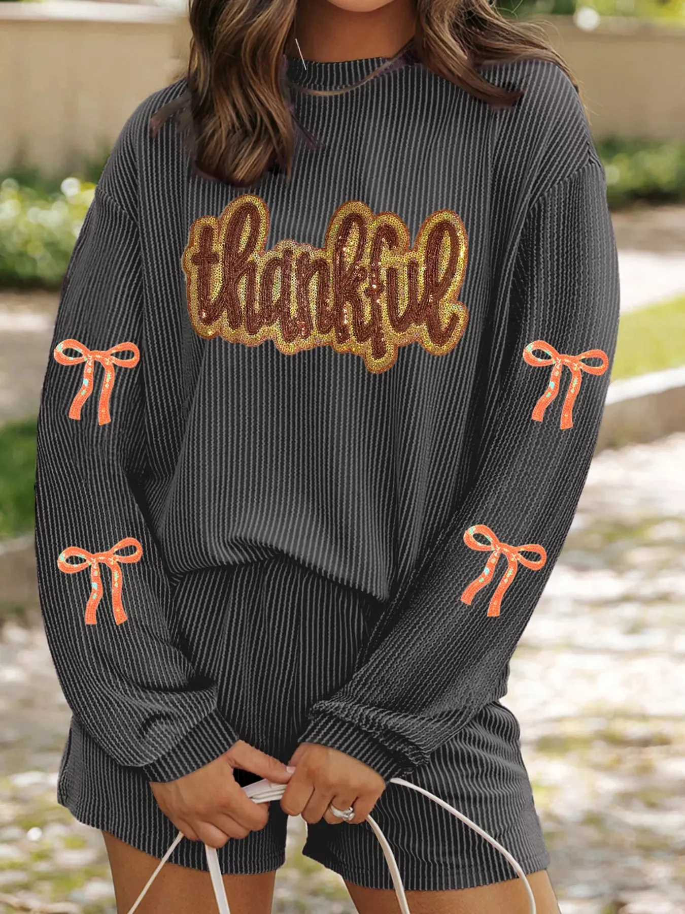 Thankful Letter Patched Sequin Bow Sleeve Twisted Ribbed Top and Short Set sold by Charming Charlie