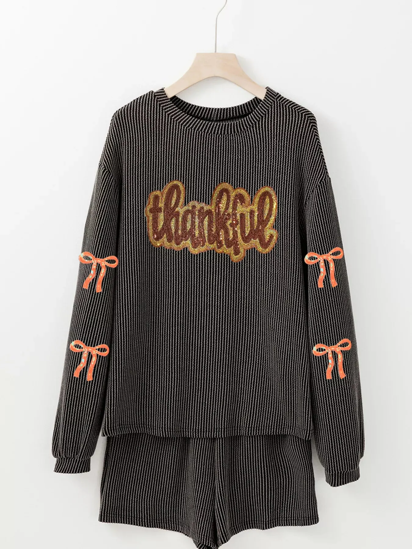 Thankful Letter Patched Sequin Bow Sleeve Twisted Ribbed Top and Short Set sold by Charming Charlie product image thumbnail 2