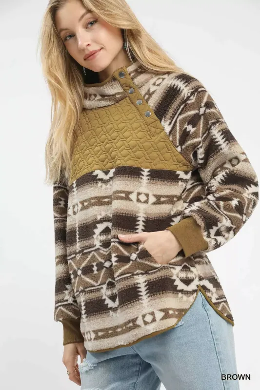 Umgee Aztec Print Sherpa Pullover sold by Charming Charlie