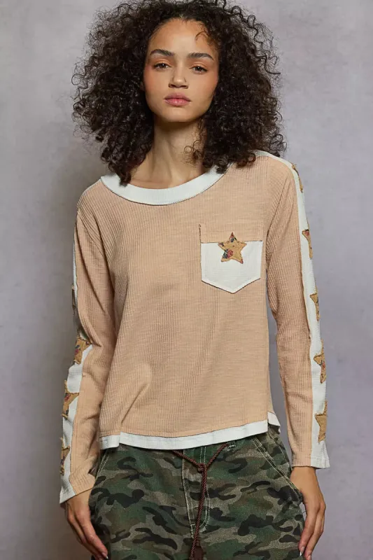 POL Round Neck Long Sleever T-Shirt with Star Patch sold by Charming Charlie