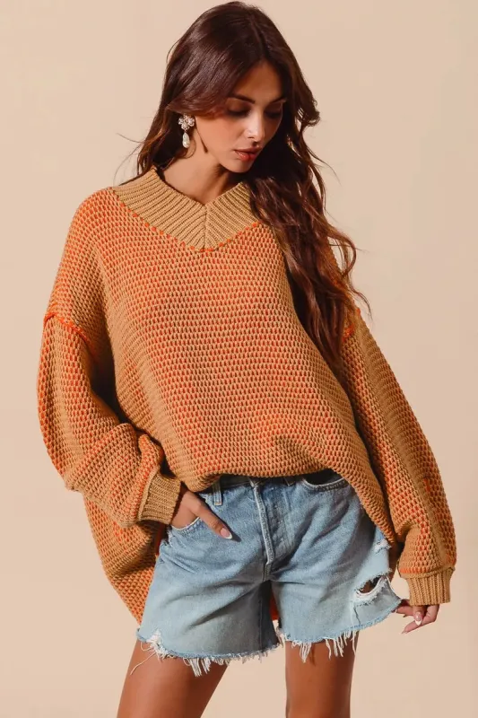 SO ME Oversized Two Tone Textured V Neck Sweater sold by Charming Charlie