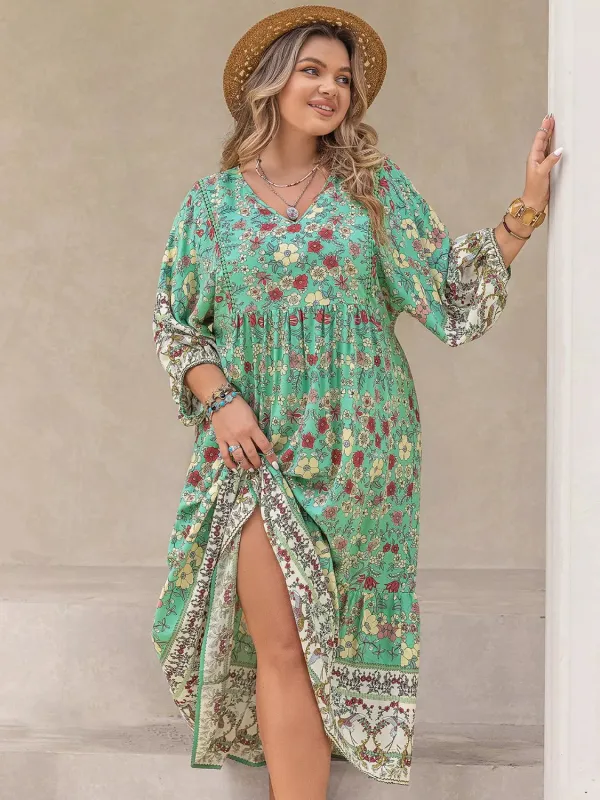 Plus Size Bohemian Floral Print Long Sleeve Midi Dress sold by Charming Charlie