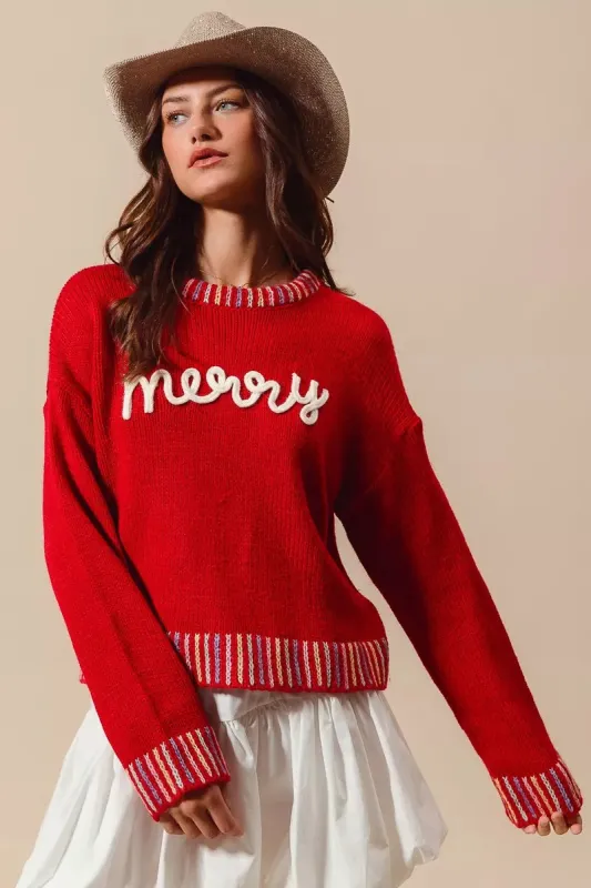 SO ME Merry Lettering Embroidered Christmas Sweater sold by Charming Charlie