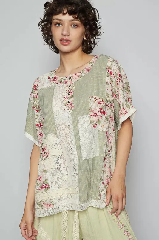 POL Lace Round Neck Short Sleeve Floral Pattern Top with Patch Detail sold by Charming Charlie