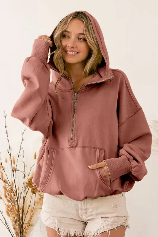 BiBi Stitch Detailed Elastic Hem Half Zip Fleece Hoodie sold by Charming Charlie