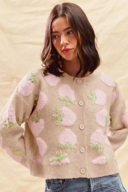 SO ME Strawberry Fruit All Over Button Sweater Cardigan sold by Charming Charlie