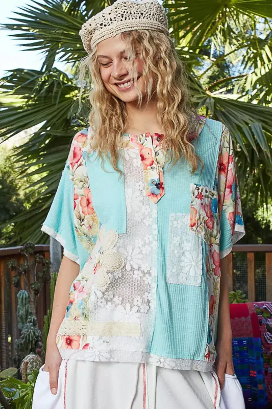 POL Lace Round Neck Short Sleeve Floral Pattern Top with Patch Detail sold by Charming Charlie