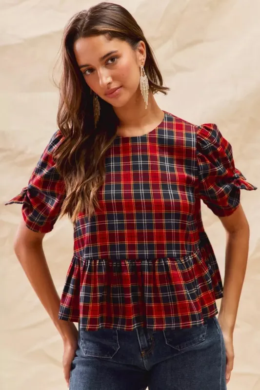 SO ME Christmas Holiday Plaid Ribbon Short Sleeves Top sold by Charming Charlie