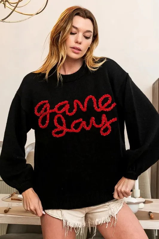 BiBi Game Day Metallic Letter Sweater sold by Charming Charlie
