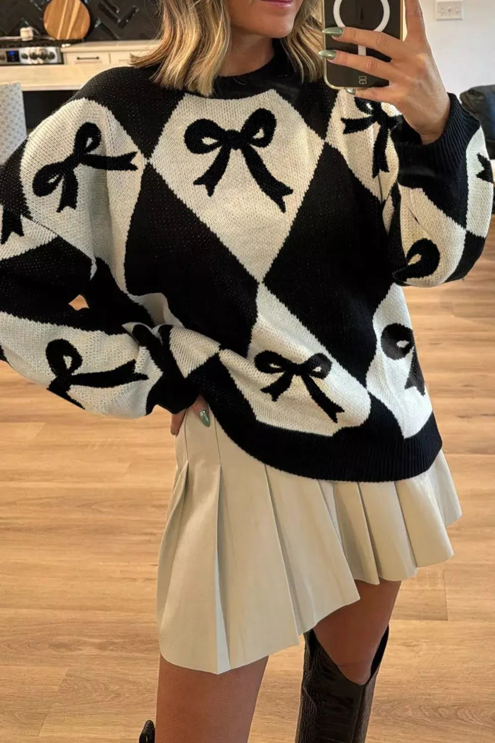 Bow Pattern Long Sleeve Contrast Sweater sold by Charming Charlie
