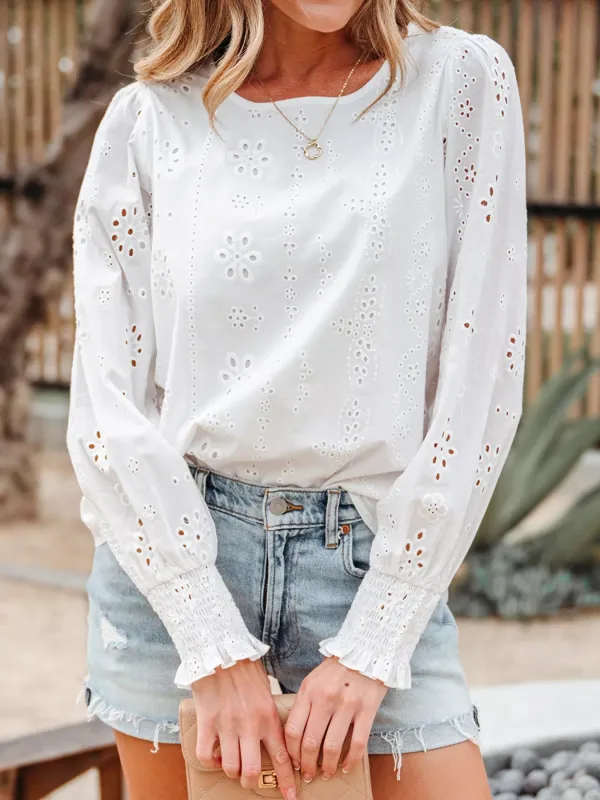 Eyelet Embroidered Smocked Cuff Sheer Blouse sold by Charming Charlie
