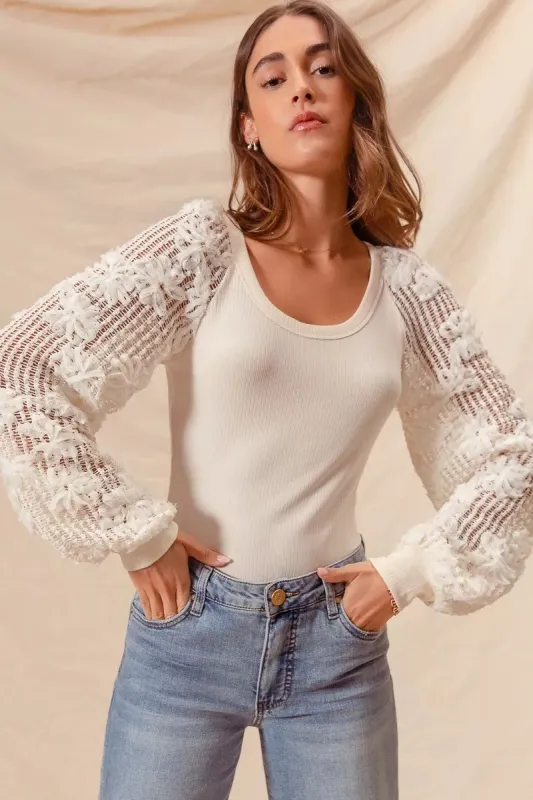SO ME Rib Knit Top with Lace Balloon Sleeves sold by Charming Charlie