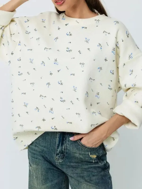 Ribbed Hem Floral Long Sleeve Sweater sold by Charming Charlie