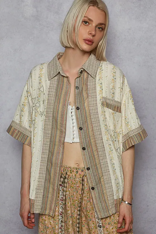 POL Printed Button Down Patchwork Short Sleeve Shirt sold by Charming Charlie