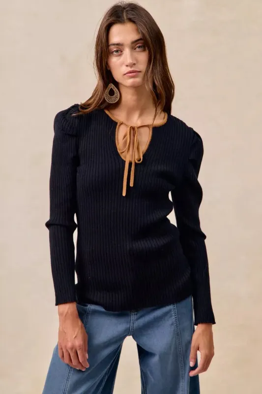 BiBi Ribbed Contrast Front Tied Top with Shrried sold by Charming Charlie