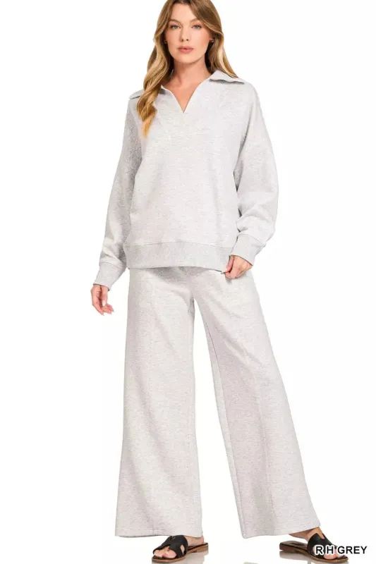 Zenana Scuba Collared Pullover and Pants Set sold by Charming Charlie