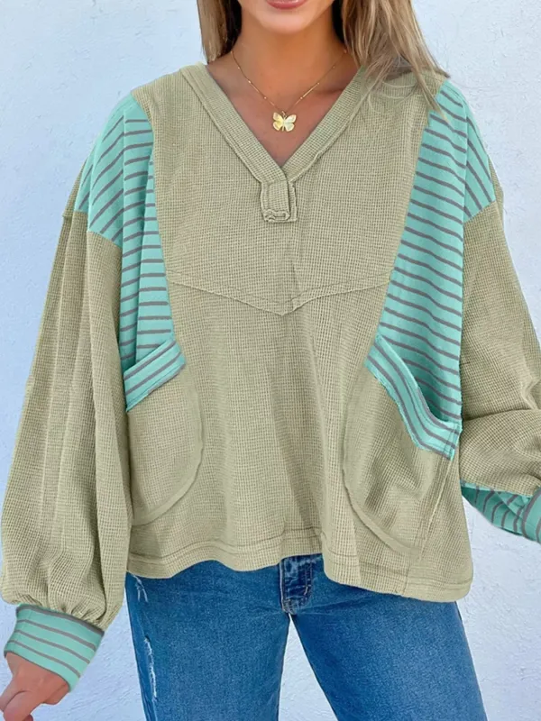 Exposed Seam Waffle Striped Patchwork Baggy Blouse sold by Charming Charlie