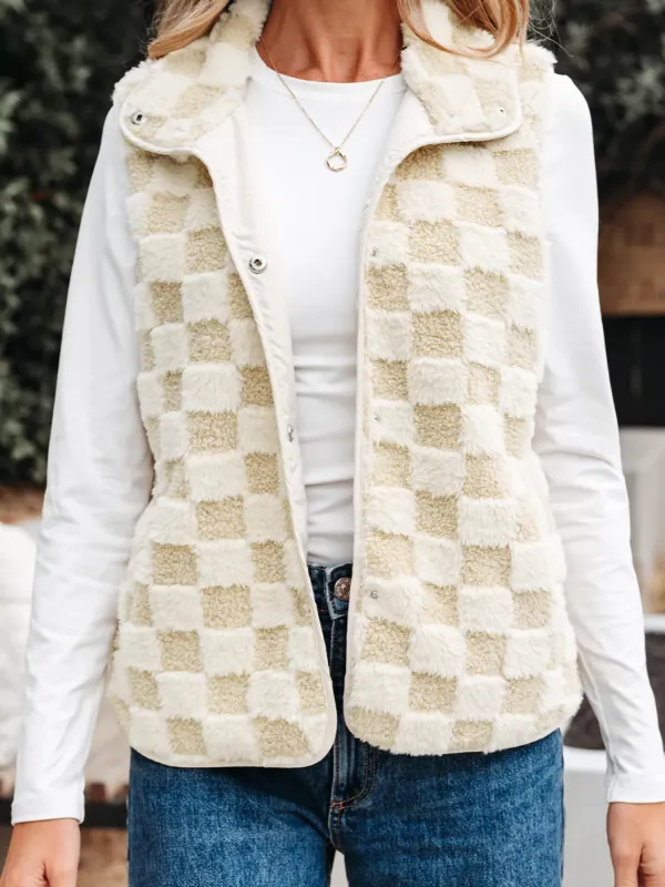Sherpa Checkerboard Snap Button Vest Coat with Pocket sold by Charming Charlie