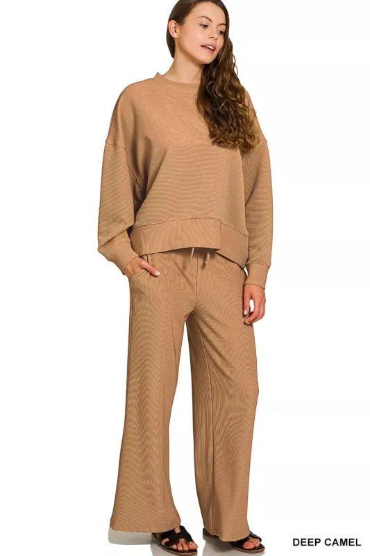 Zenana Ribbed Round Neck Pullover and Drawstring Pants Set sold by Charming Charlie
