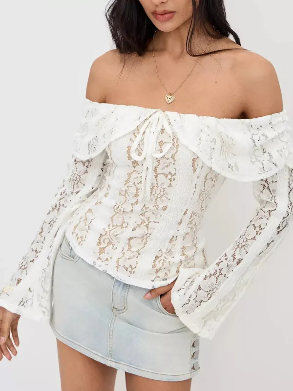 Off-Shoulder Lace Top with Bell Sleeves sold by Charming Charlie