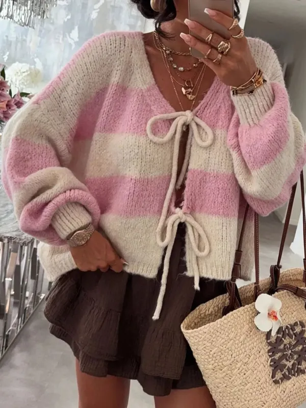 Striped Tie-Front Knit Cardigan sold by Charming Charlie