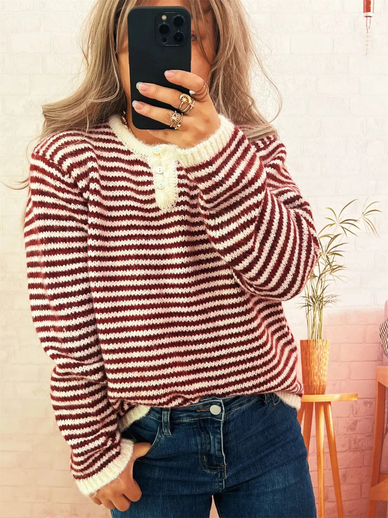 Striped Button Detail Long Sleeve Sweater sold by Charming Charlie product image thumbnail 3