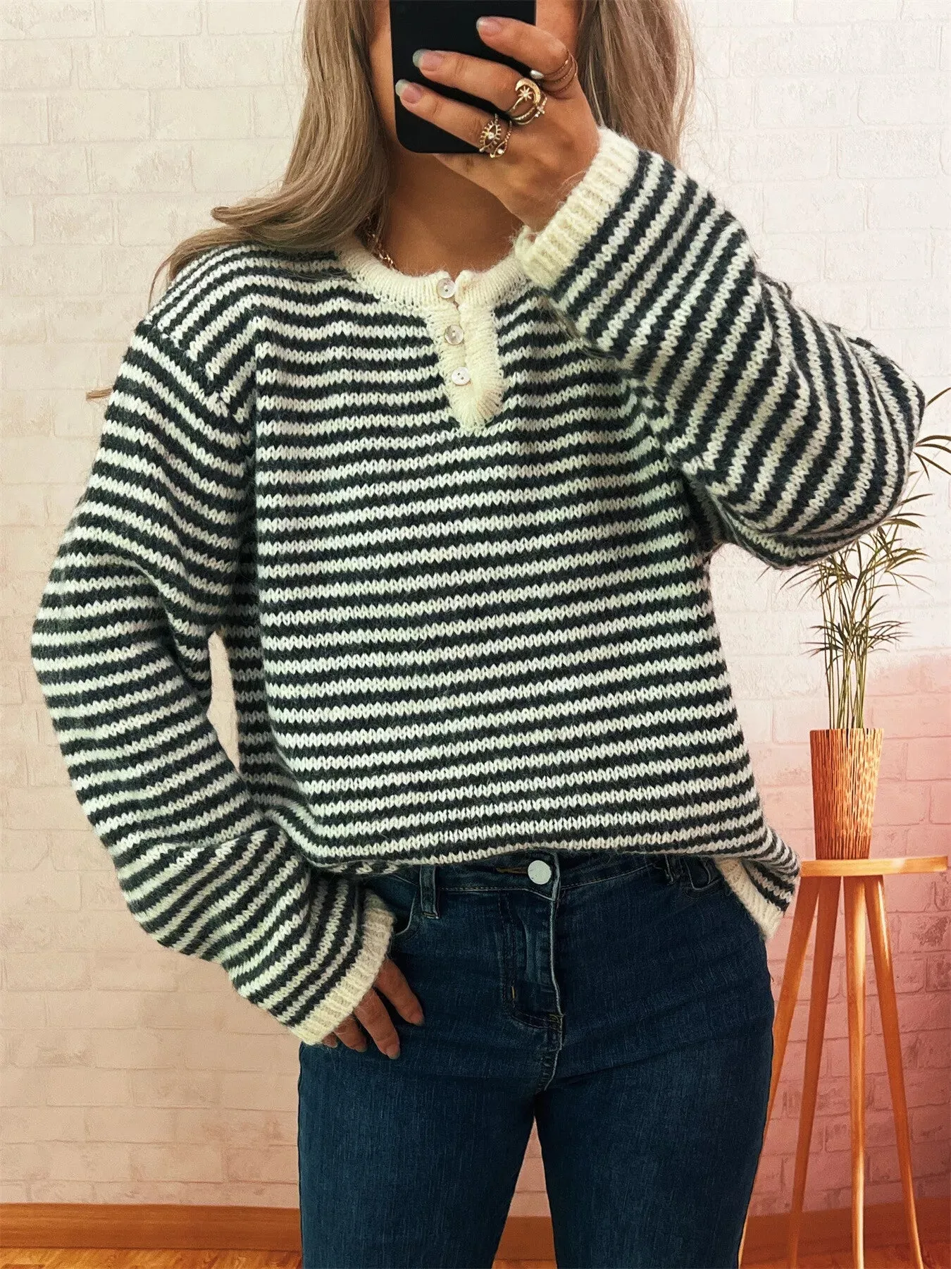 Striped Button Detail Long Sleeve Sweater sold by Charming Charlie product image thumbnail 5