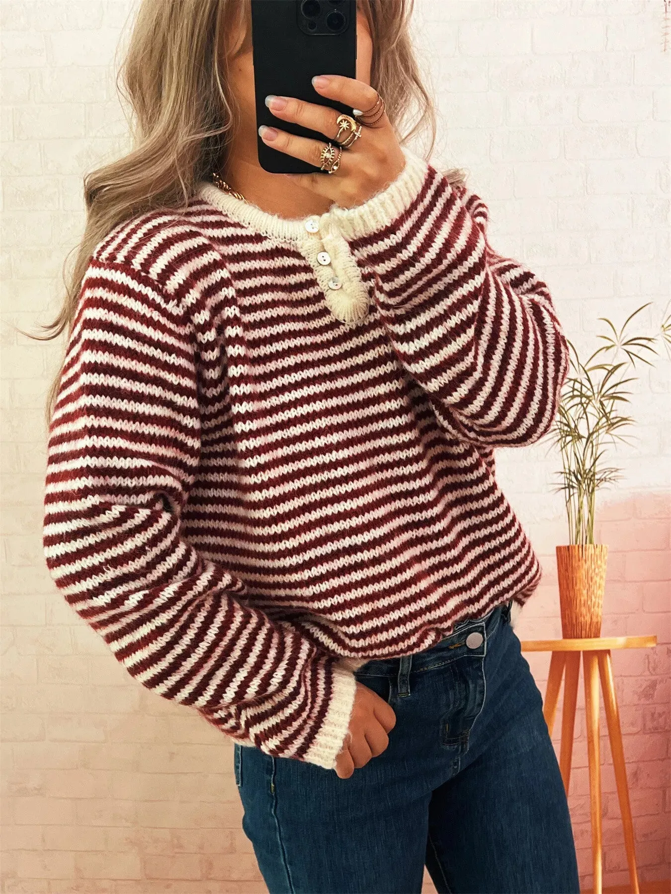 Striped Button Detail Long Sleeve Sweater sold by Charming Charlie product image thumbnail 2