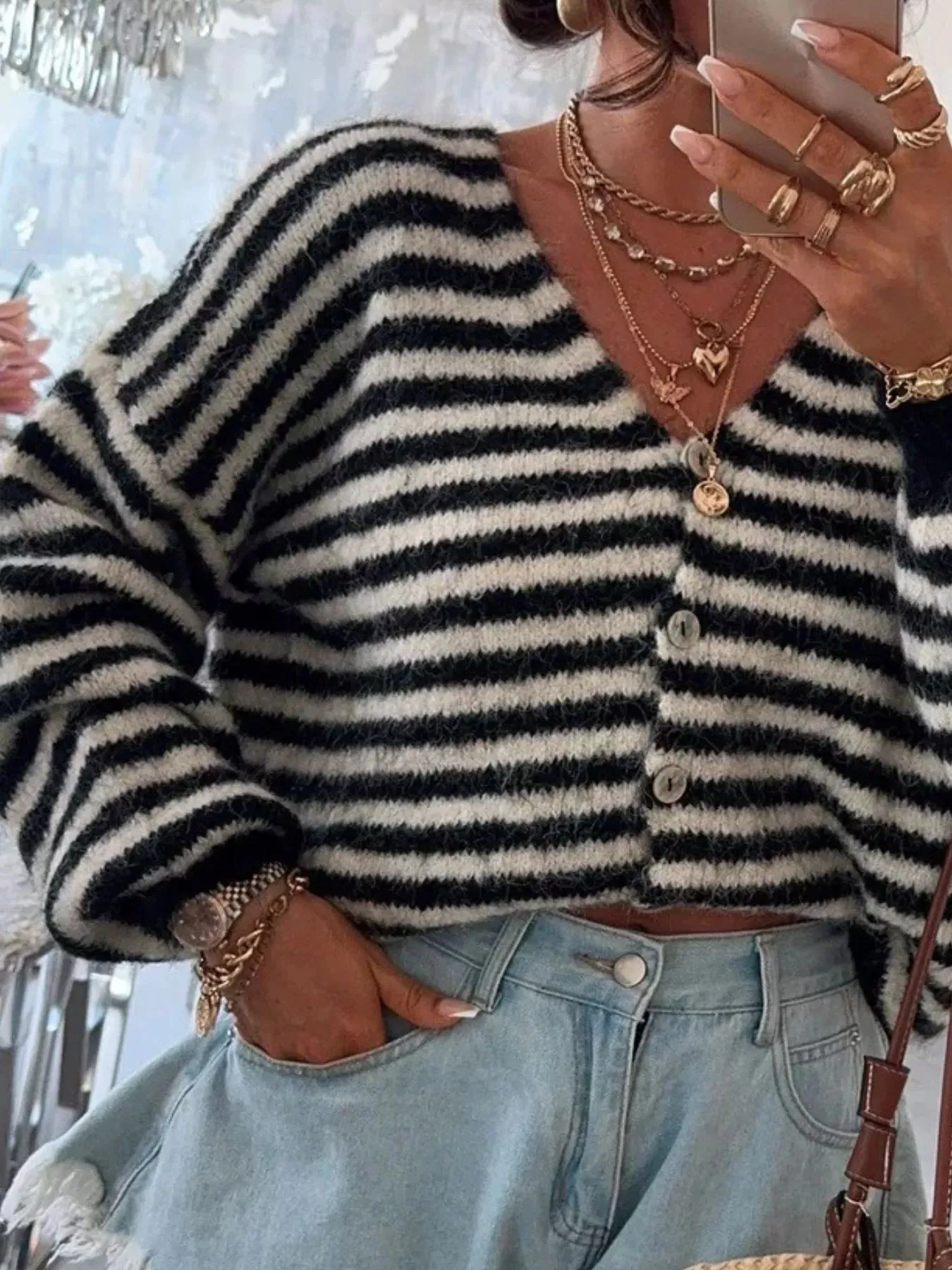 Striped Knit Button-Down Cardigan sold by Charming Charlie product image thumbnail 4