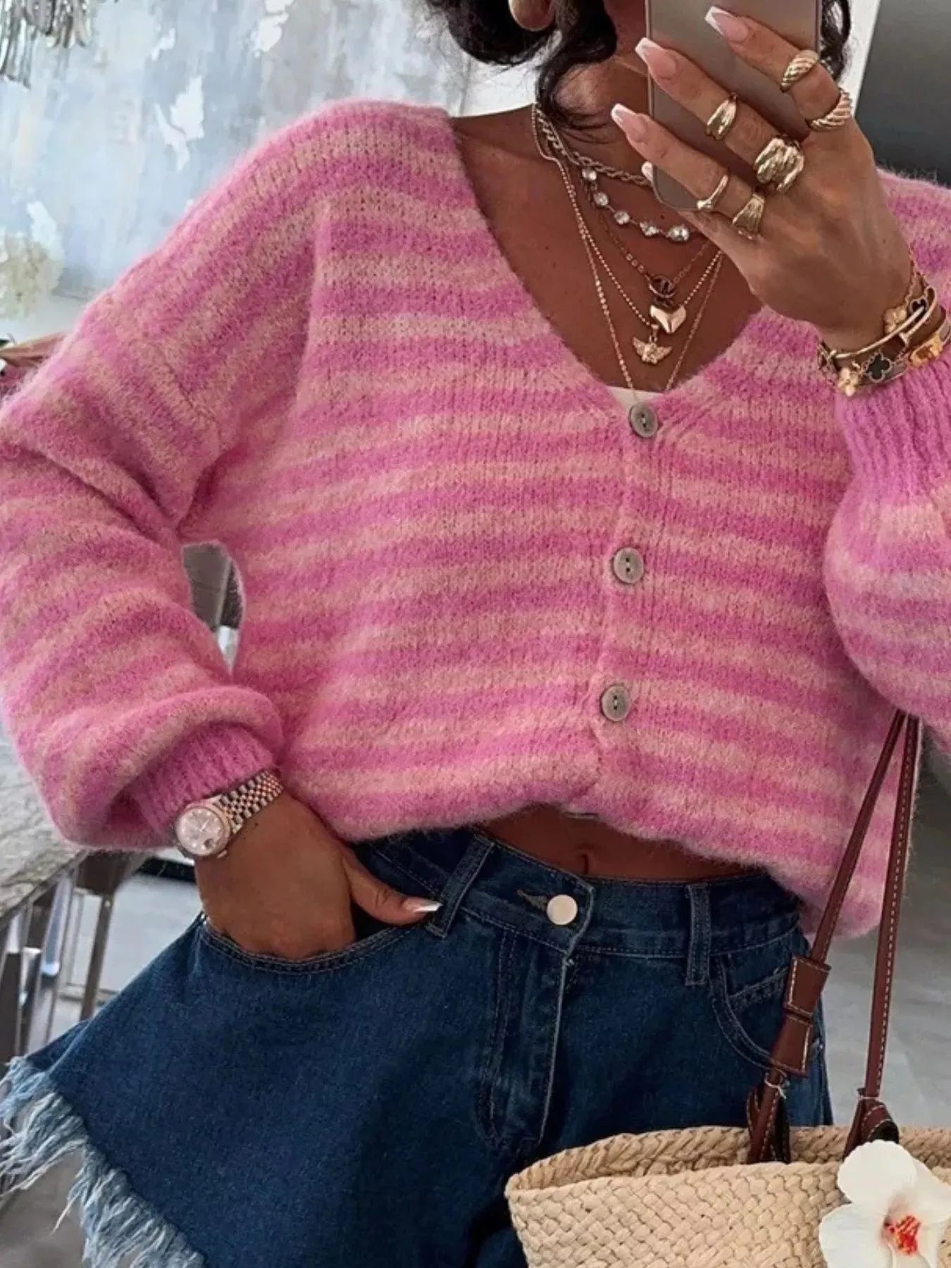 Striped Knit Button-Down Cardigan sold by Charming Charlie