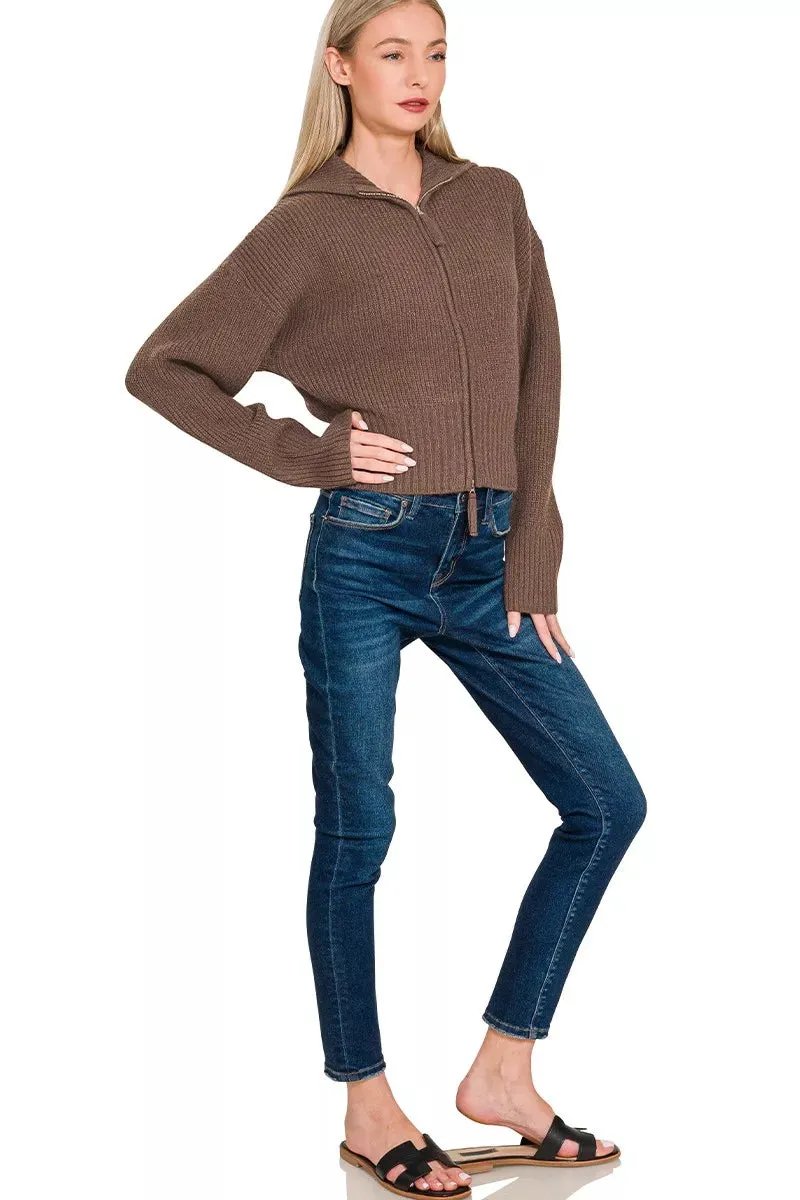 Zenana Ribbed Collared Zip Up Sweater Cardigan sold by Charming Charlie product image thumbnail 2