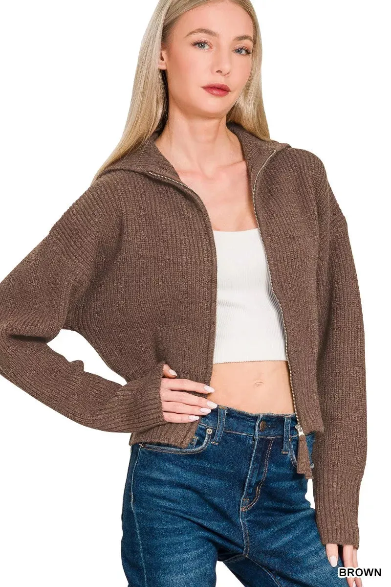 Zenana Ribbed Collared Zip Up Sweater Cardigan sold by Charming Charlie product image thumbnail 3