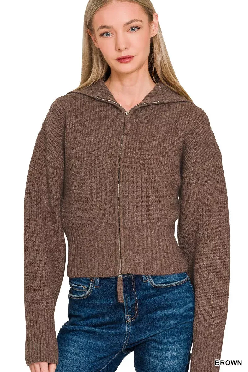 Zenana Ribbed Collared Zip Up Sweater Cardigan sold by Charming Charlie