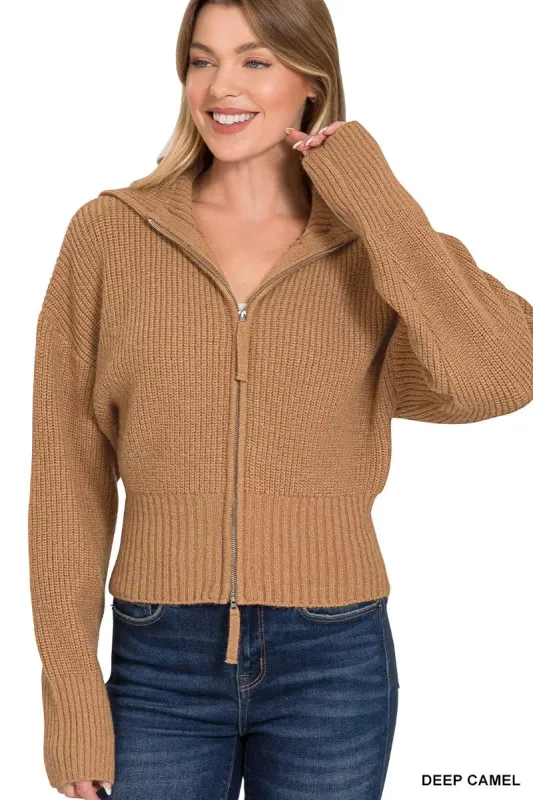 Zenana Ribbed Collared Zip Up Sweater Cardigan sold by Charming Charlie