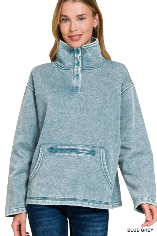 Zenana Fleece Washed High Neck Kangaroo Pocket Sweatshirt sold by Charming Charlie