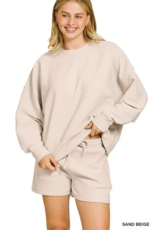 Zenana Ribbed Round Neck Pullover and Shorts Set sold by Charming Charlie