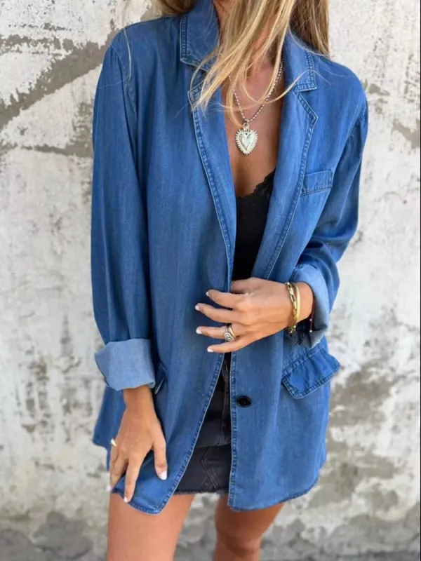Full Size Button Down Denim Blazer Plus Size sold by Charming Charlie