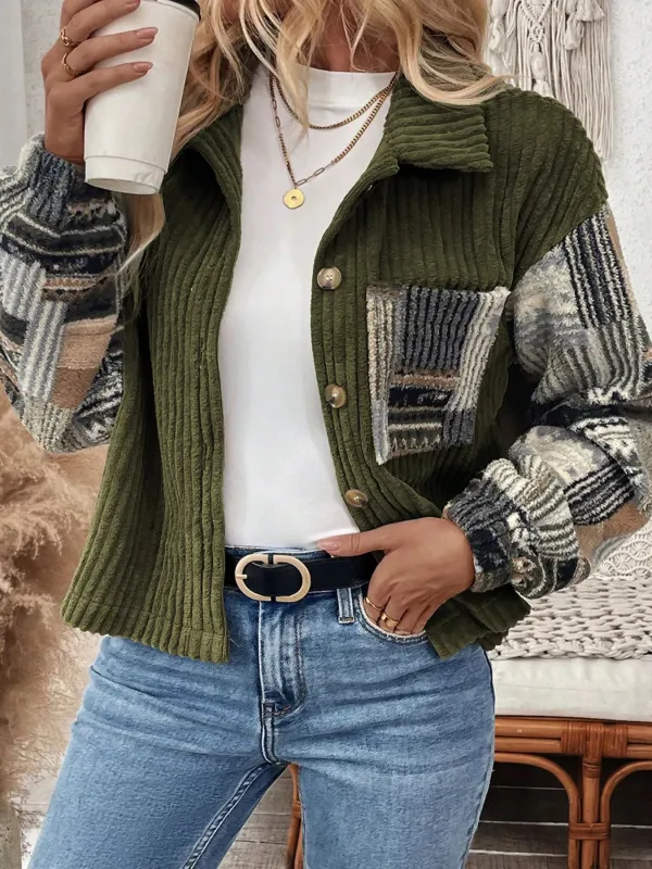 Ribbed Fleece Plaid Print Patchwork Button Up Jacket sold by Charming Charlie