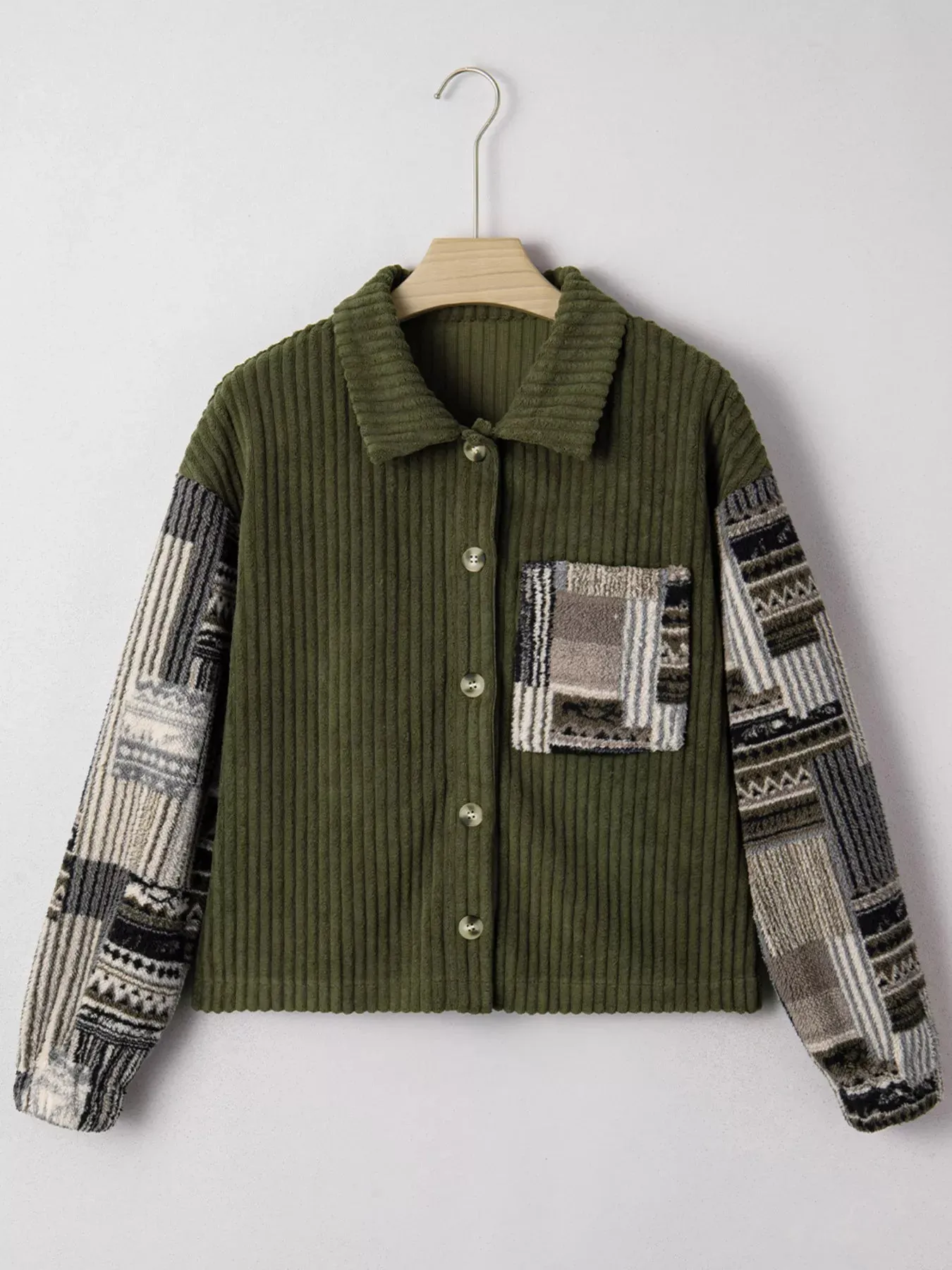 Ribbed Fleece Plaid Print Patchwork Button Up Jacket sold by Charming Charlie product image thumbnail 2