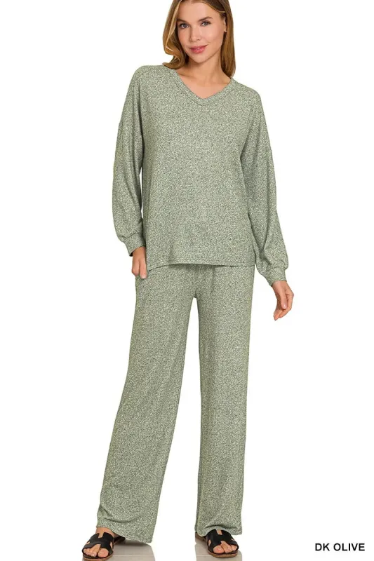 Zenana Soft Melange Long Sleeve Tee & Pants Set sold by Charming Charlie