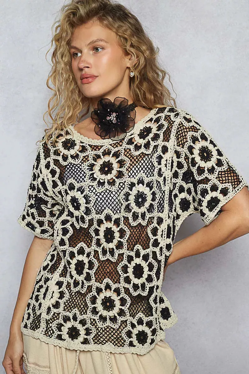 POL Openwork Short Sleeve Crochet Knit Top with Weave Knit Patterns sold by Charming Charlie product image thumbnail 4