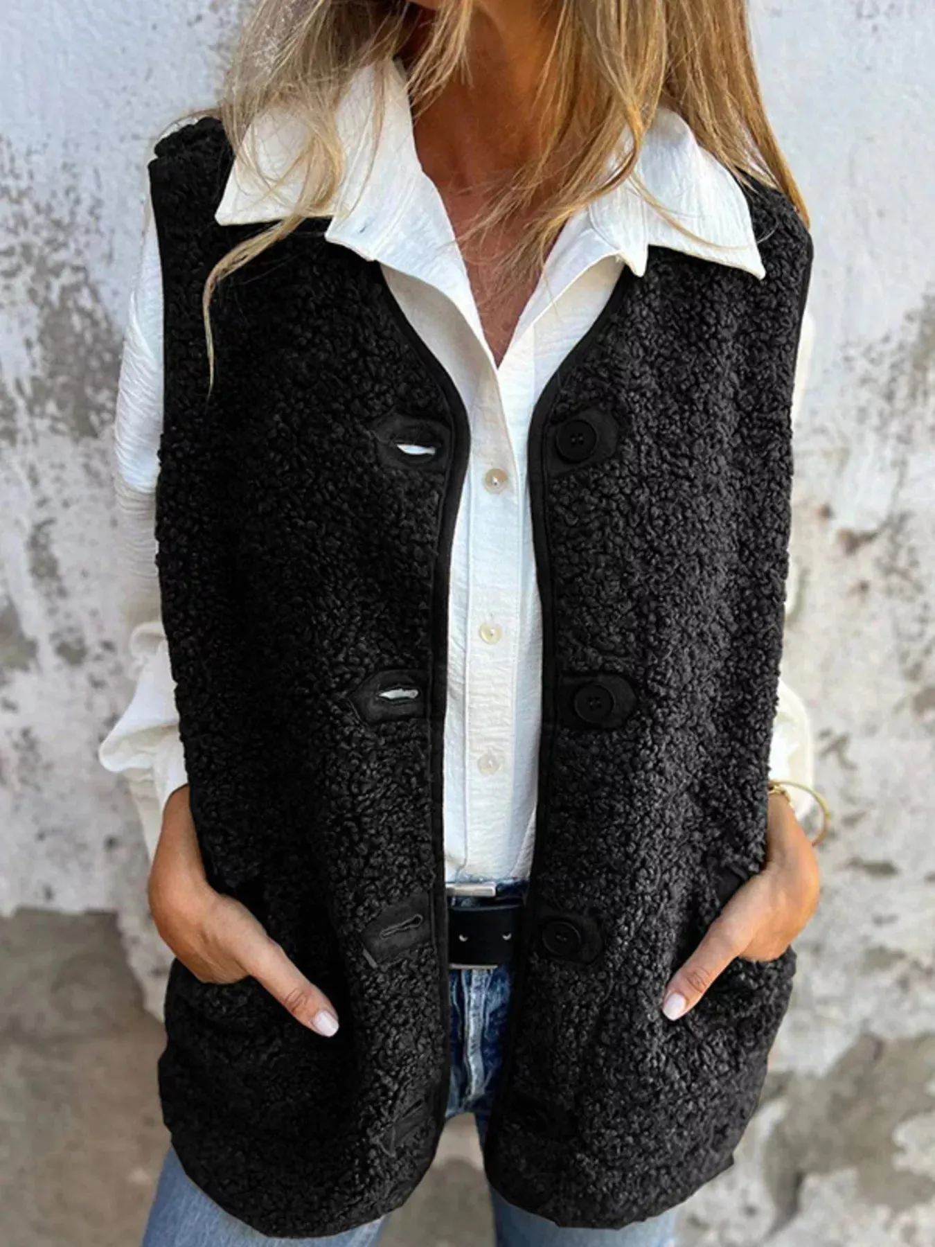 Full Size Cozy Sherpa Fleece Button-Up Vest Coat with Pockets Plus Size sold by Charming Charlie product image thumbnail 4