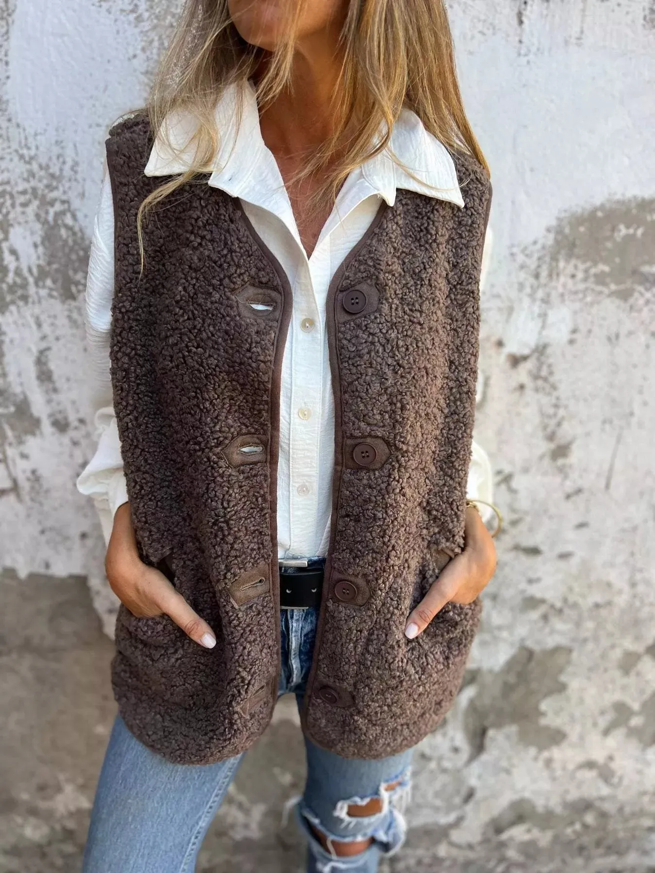 Full Size Cozy Sherpa Fleece Button-Up Vest Coat with Pockets Plus Size sold by Charming Charlie