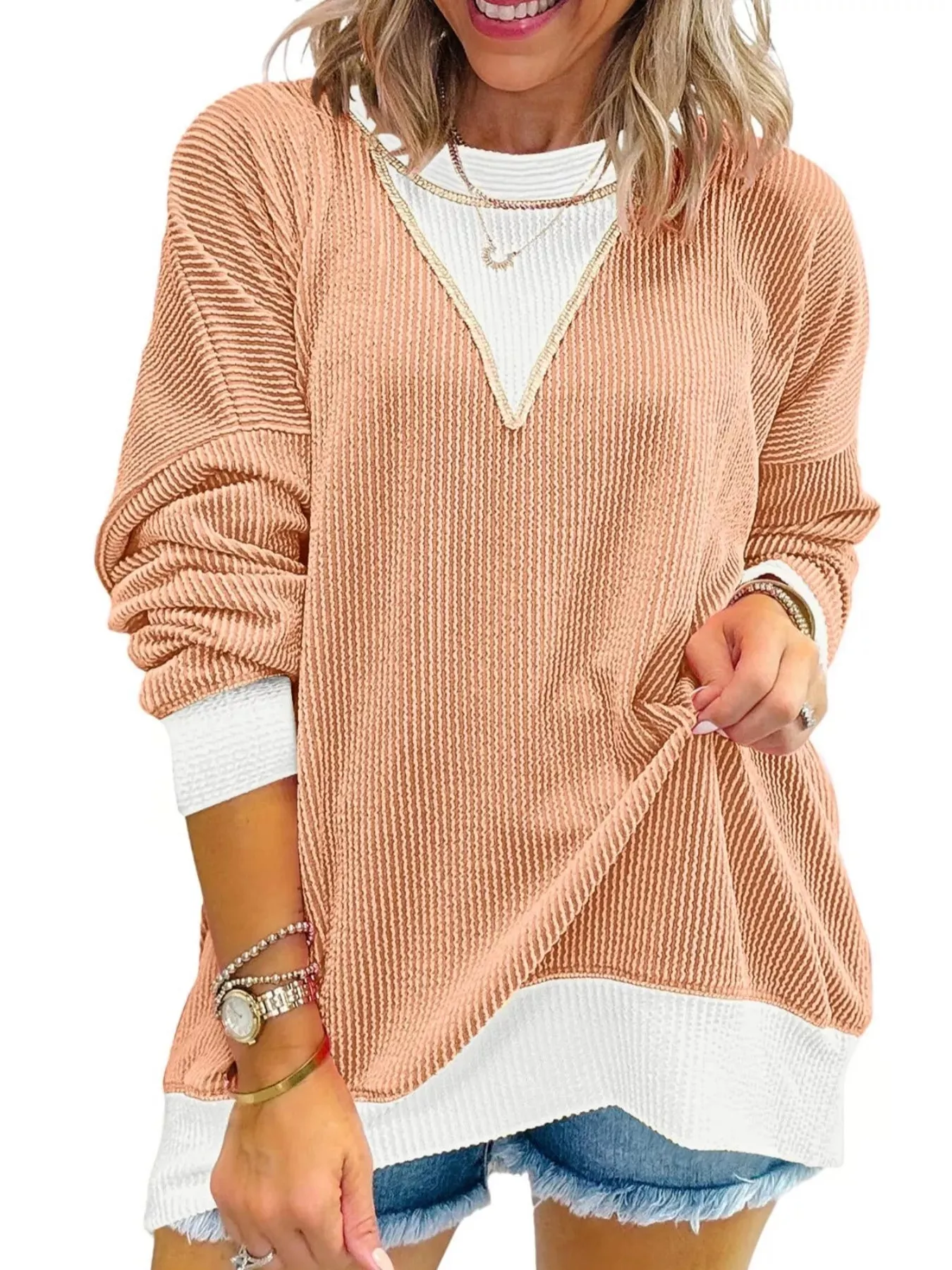 Two-Tone Ribbed Knit Sweatshirt sold by Charming Charlie product image thumbnail 4