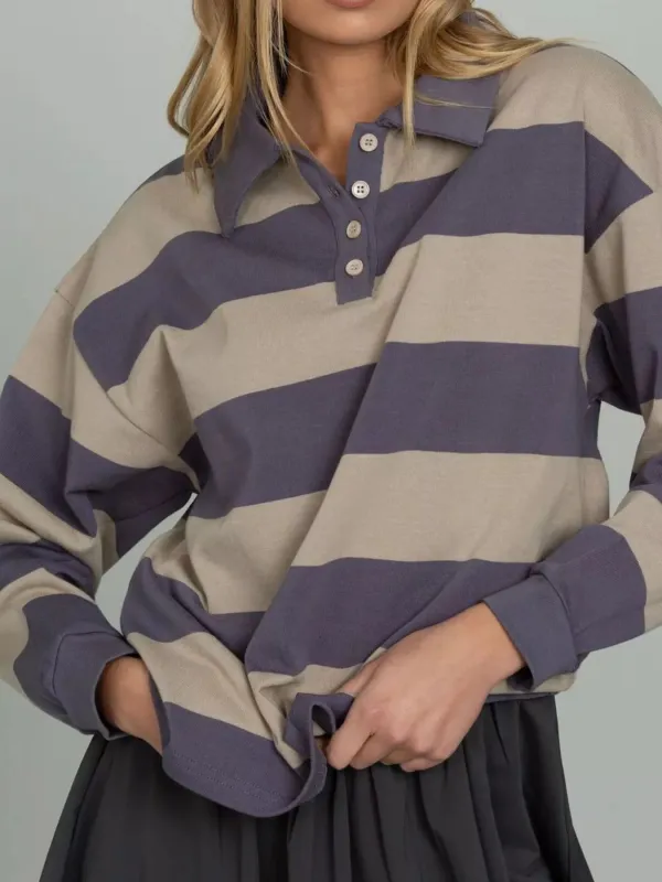 Striped Polo Collar Sweatshirt with Button Details sold by Charming Charlie