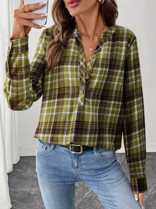 Plaid Half Button Long Sleeve Blouse sold by Charming Charlie