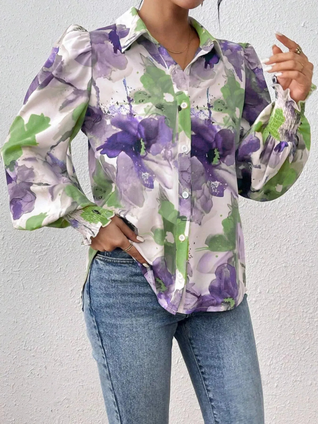 Printed Button Up Lantern Sleeve Shirt sold by Charming Charlie product image thumbnail 4